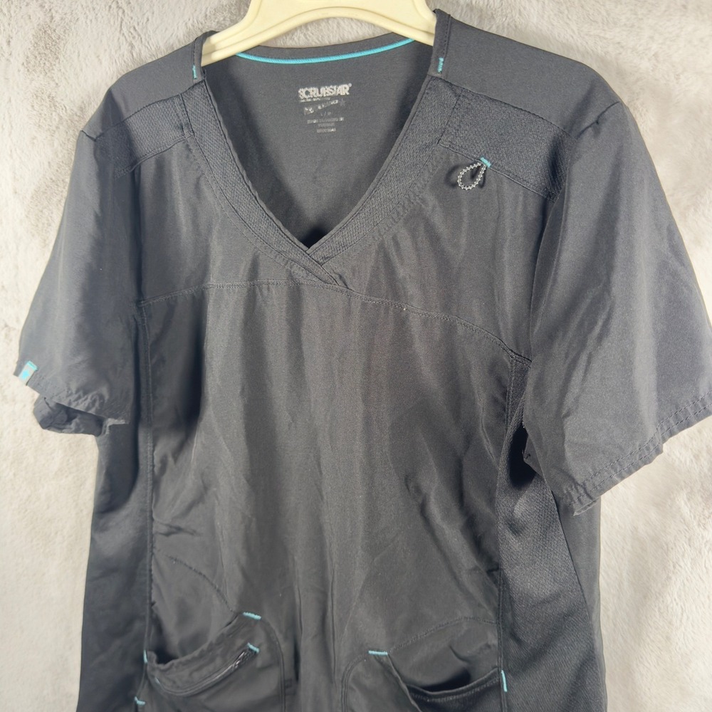 Scrubstar Black V-Neck Scrub Top Women Large Mesh Zipper Pocket Short Sleeve
